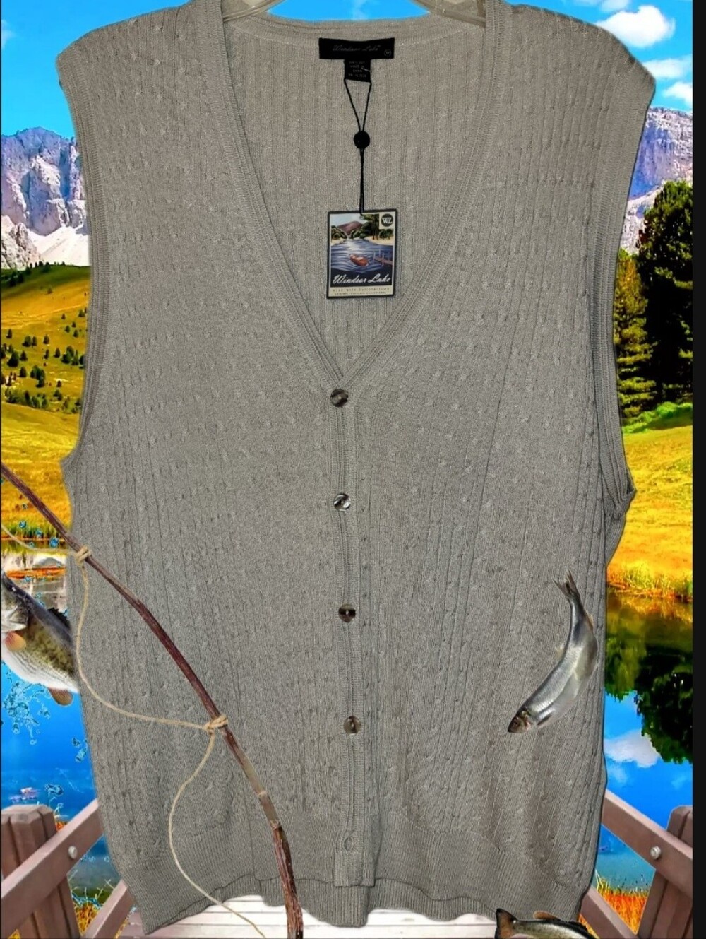 Windsor Lake Size Med 100 % Silk Knit Sweater Vest Button Up Beige Tan NWT Camp